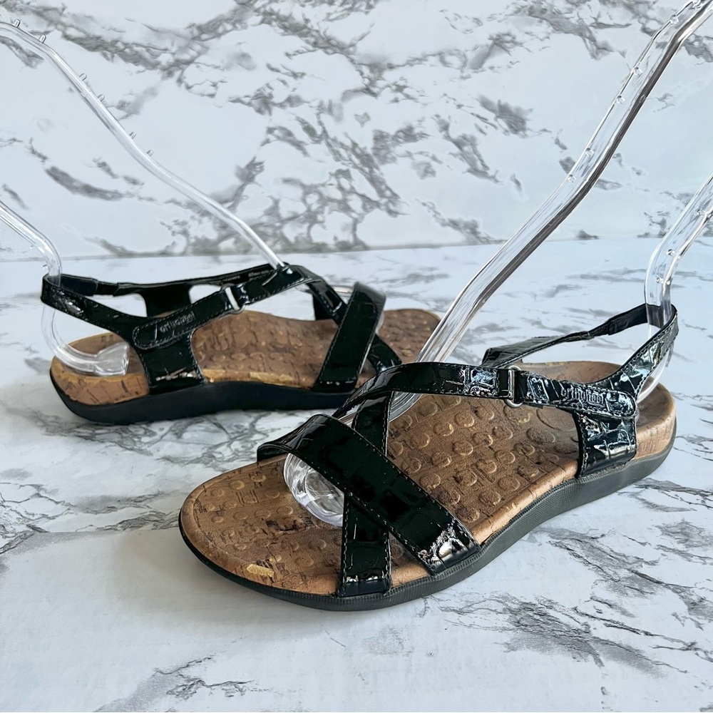 Vionic Orthaheel Sandals Strappy Embossed Comfort Black Faux Leather 5 Walking